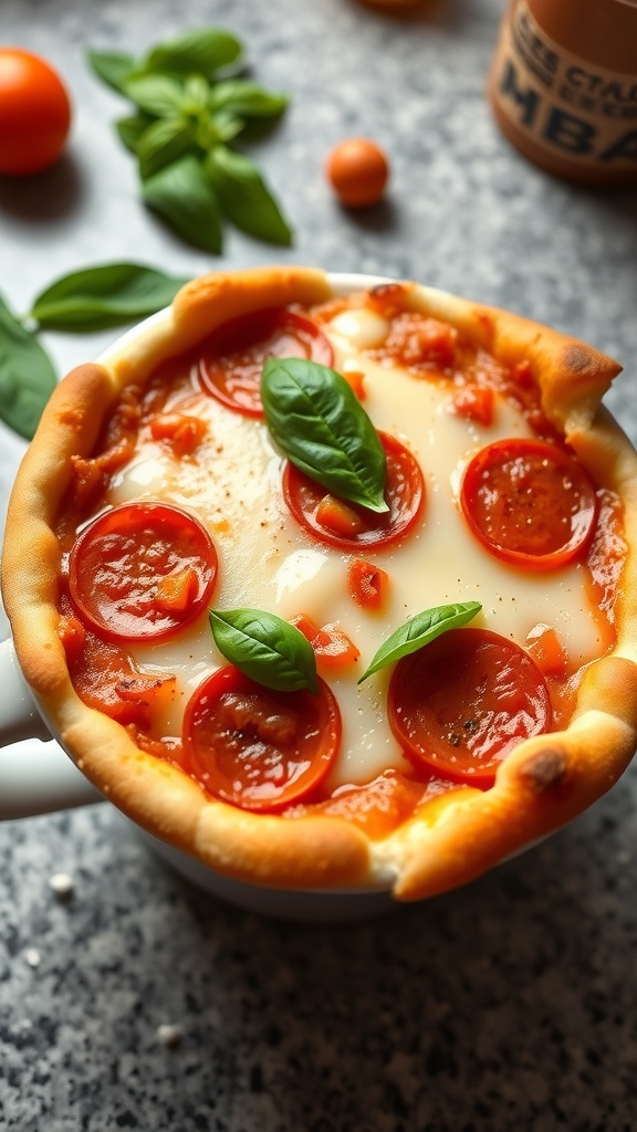 Microwave pizza in a mug topped with cheese and pepperoni, on a kitchen countertop.